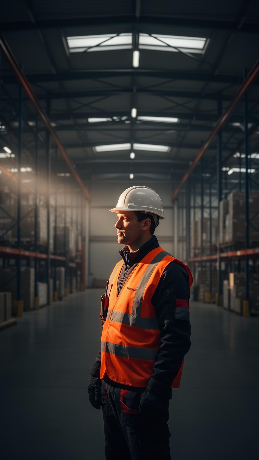 Vakman in oranje hesje in een Nederlands distributiecentrum